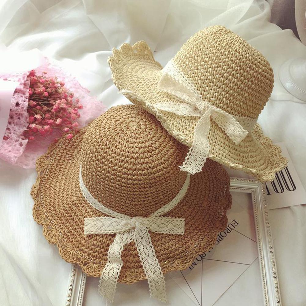 Women Summer Straw Hat Hand Crocheted Bowknot Folding Beach Hat