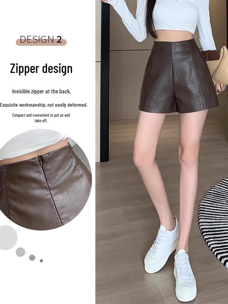 Women's High-Waist Leather Shorts - Slimming A-Line, Wide-Leg, Korean Style for Autumn/Winter 2023