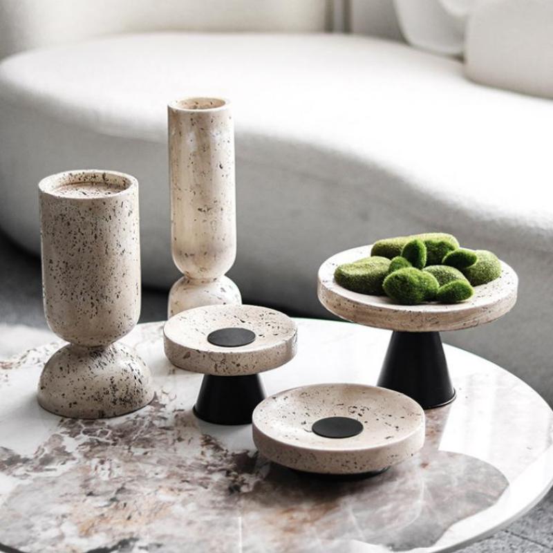 Marbling Fruit Dish Round Tray Desktop Storage Container Candlestick Candelabrum Candle Holder Home Decoration Accessories