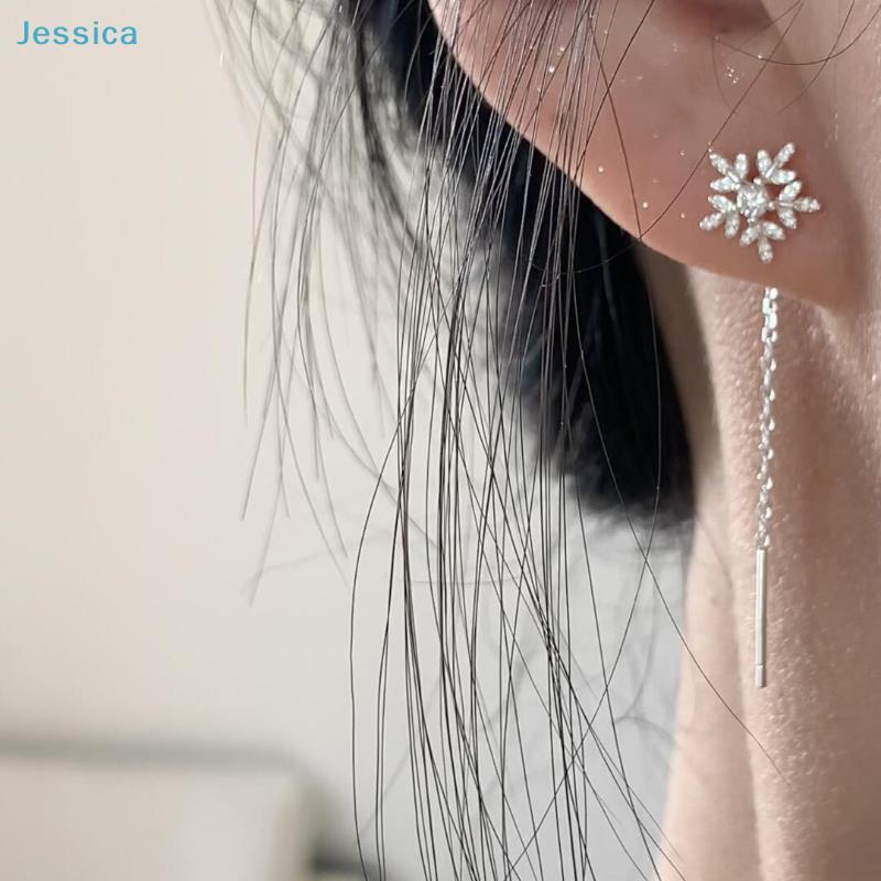 Silver Snowflake Chain Tassel Dangle Earrings for Woman Korean Winter Jewelry Accessory Christmas Gift