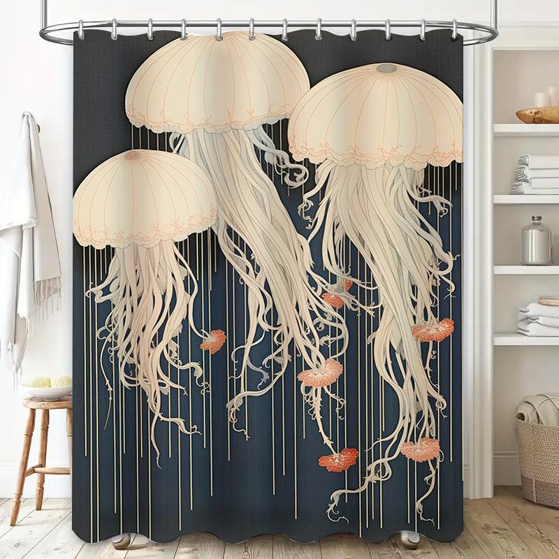 Decorative Jellyfish Shower CurtainModern Bath Decor with 3 White Seaweed Prints on Dark Blue Background Perfect for Bathroom Re