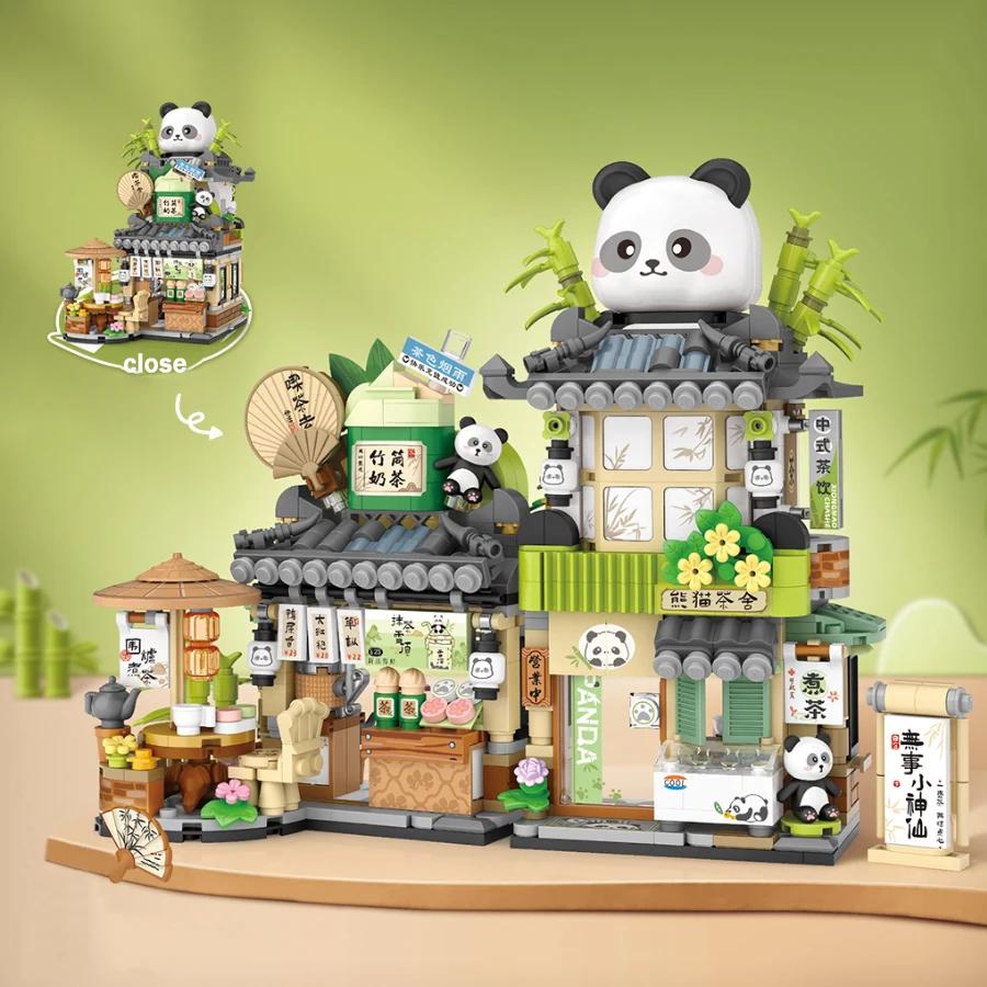 

New Chinese Style Little Bear Cafe Flower Shop Panda Tea House Folding Mini Building Block Assembly Puzzle Toys For Kids Gifts