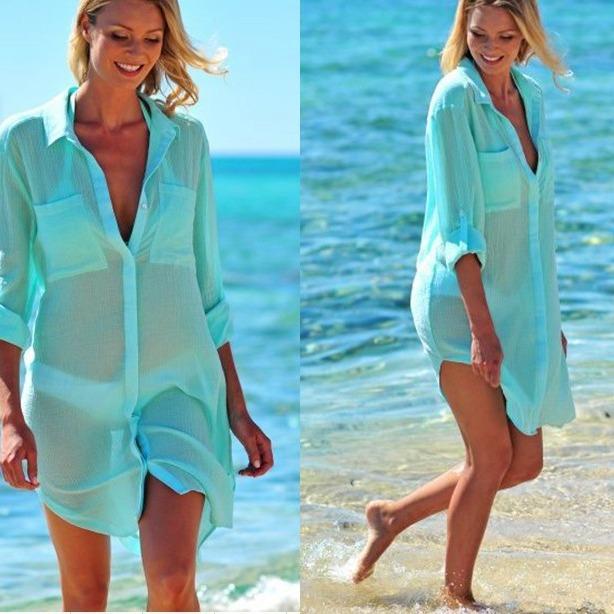 Damen Hemdblusenkleid mit Kragen Langarm Durchsichtig Locker Bikini-Überwurf Lässig Tasche Strandtunika Urlaubs-Badebekleidung Überwurf