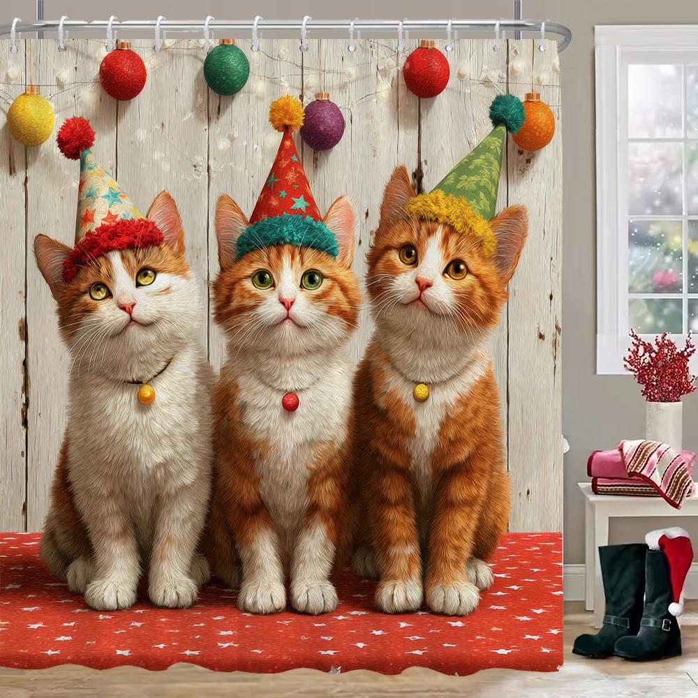 Christmas Shower Curtain, Bathroom Decorative Cartoon Cat And Dog Christmas Shower Curtain, Waterproof Shower Curtain With Hooks