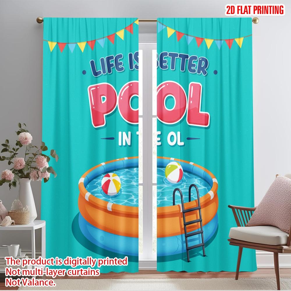 

2pcs 2D flat printing Party Curtains Life Better Pool Fun Polyester Without Electricity 0 Use for Booths Studio Props 52.50×116.00 CM 2pcs