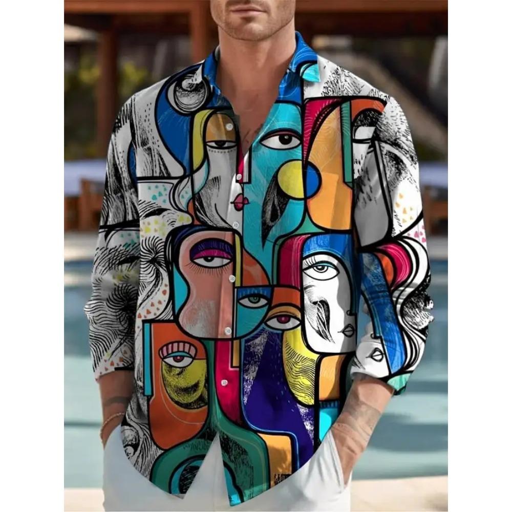 2024 New Men's 3D Art Painting Fashion Print Single Breasted Long Sleeve Shirt Casual Shirt Men's Loose Lapel Long Sleeve