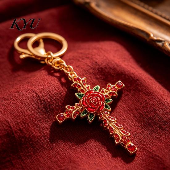 Decorative Rose Keychain Retro Rhinestone Keychain, Golden Plated Alloy Key Ring for Purse Charm Men Women, Pendant Handbags Backpacks Decoration Zinc