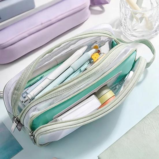 Transparent Mesh Pencil Case Large Capacity Double Layer Pen Bag for Students Lightweight Stationery Pouch for School Office Exams