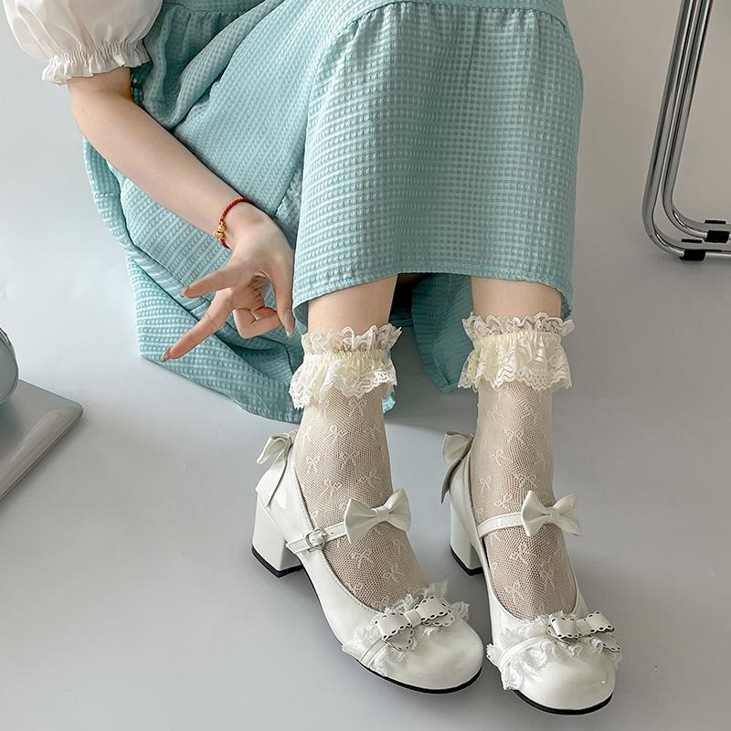 Pantofi drăguți din dantelă JK pentru femei, pantofi Mary Jane, pantofi de piele cu fundă papion la modă, pantofi cu toc pentru rochie de petrecere pentru exterior pentru femei