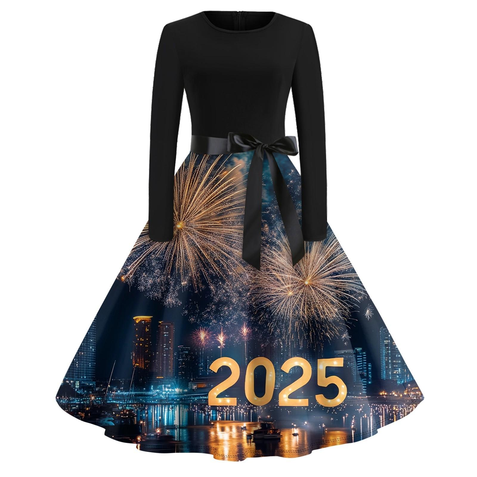 Women s Vintage Classic Dress Long Sleeve  Print Round Neck Swing Dress XXXL