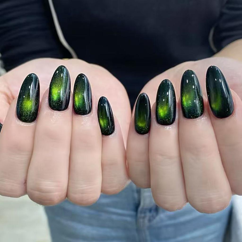 24pcs Glossy Red Cat's Eye Press On Nails Full Cover Nude Wearable Almond False Nails Charms Detachable Fake Nail For Girl