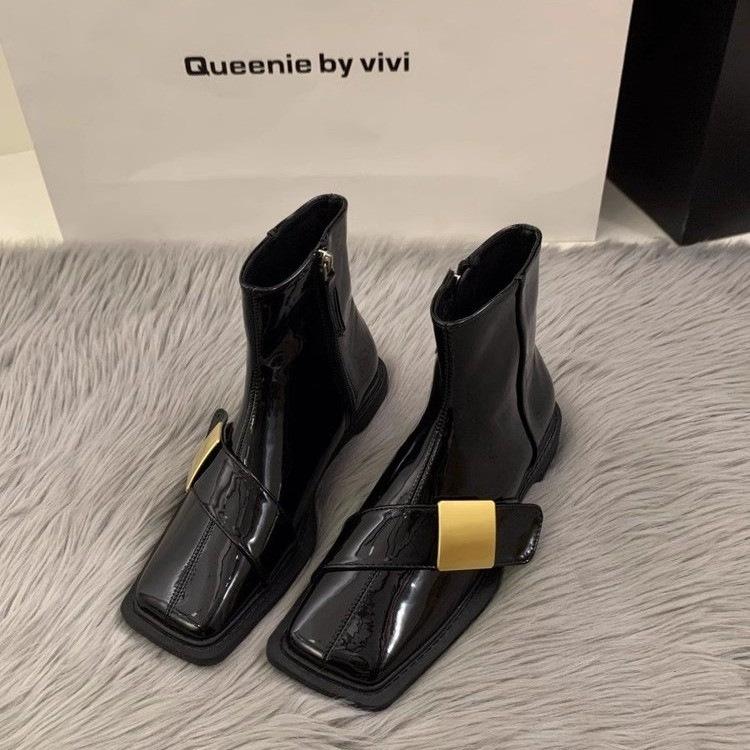 Flat bunn firkantet tå svart Martin støvler damesko nye vår og høst vinter retro små korte støvler