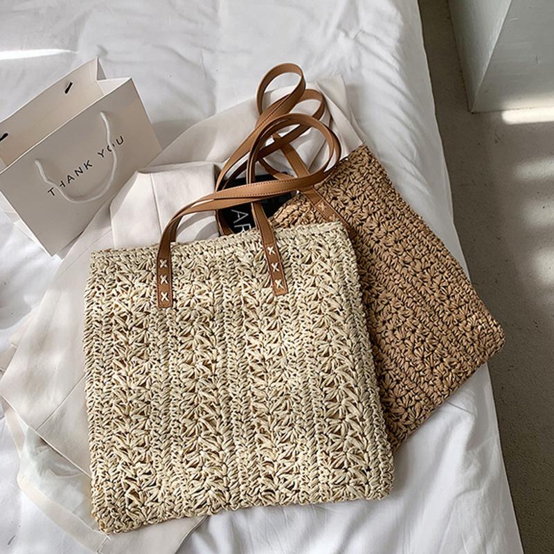 Quadratische Hohlstroh Strandtasche Handgeflochtene Umhängetasche Raffia Rattan Einkaufs-Reisetasche Bohemian Sommerurlaub Lässige Tragetasche