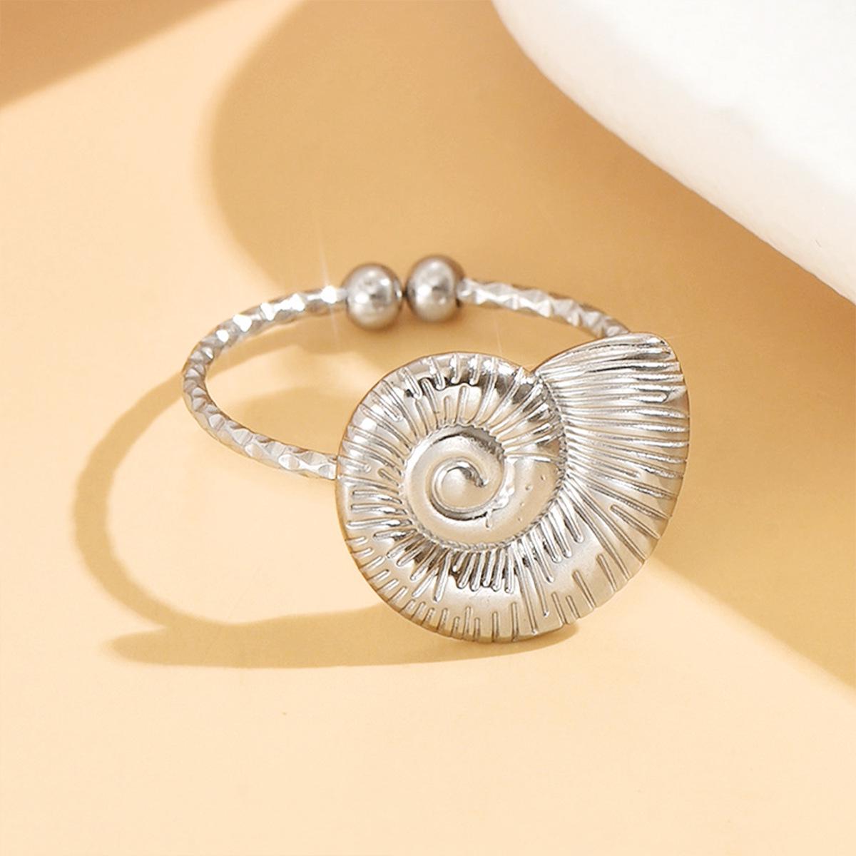 Childlike Marine Animals Seashell Spiral Ring - Stainless Steel Open Design, Vacation Style