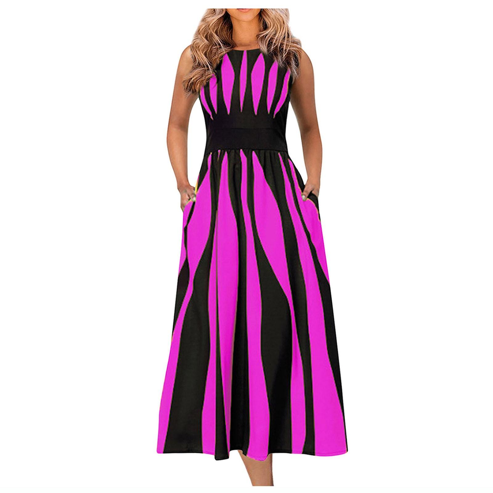 

Женское летнее модное повседневное полосатое платье с принтом, с круглым вырезом и закрытой талией, утягивающая юбка без рукавов XXXXXL горячий розовый