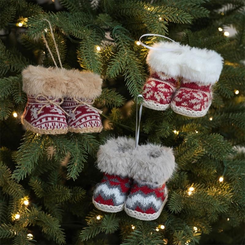 Holiday Soft Fabric Boot Ornament, Double Mini Boot Decoration with Hanging Loop for Christmas Tree, Gift Bag, and Entryway Styling