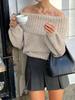 Herbst Winter Damen Ein Schulter Einfarbig Vielseitig Slim Fit Laternenärmel Strickpullover