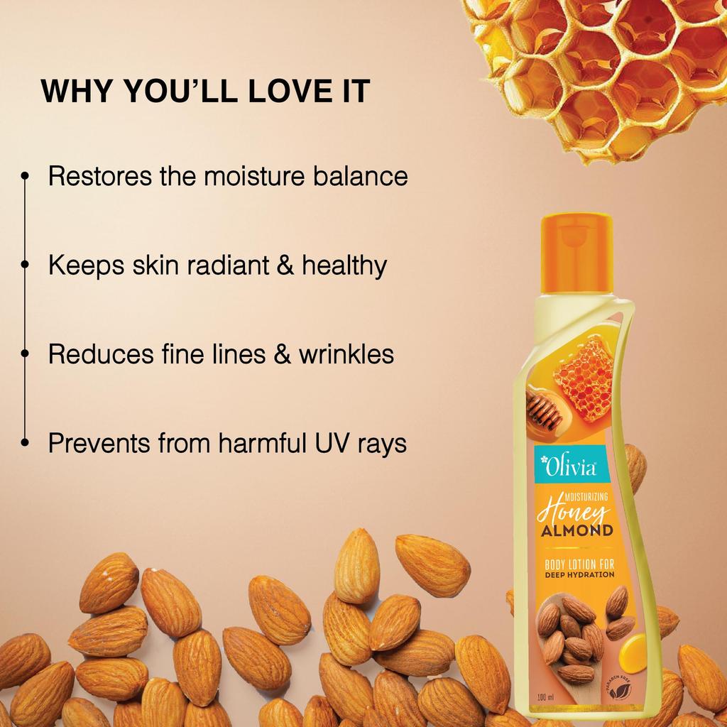 Olivia Honey Almond Body Lotion for Deep Hydration | Non-Sticky Moisturiser with Vitamin E | Repairs Skin, Reduces Wrinkles & Fine Lines, Improves