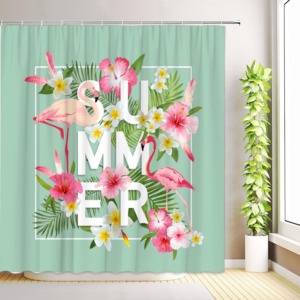 Tropical Birds Floral Shower Curtains Parrot Toucan Green Leaves Plants Flowers Nature Jungle Scenery Bathroom Decor with Hooks