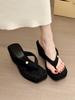 Mint Camellia! Temperament Suede Square Head Metal Buckle Slope Heel Flip-flops Female Summer Toe Thick-soled Slippers