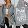 Tokyo Creative Building Cherry Blossom Letter Design Women Zipper Streetwear Hoodie Casual Loose Hoody Autumn Top