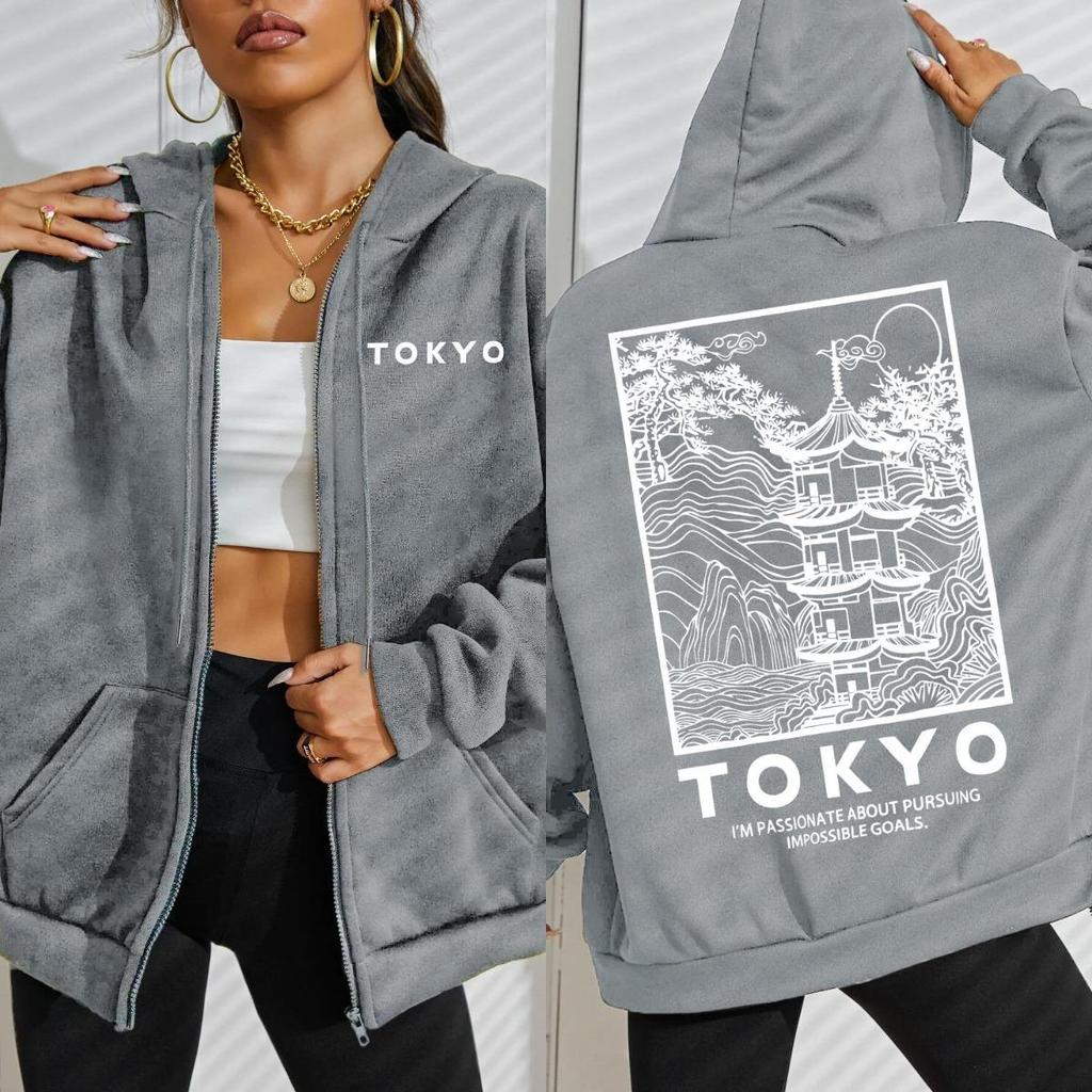 Tokyo Creative Building Cherry Blossom Letter Design Women Zipper Streetwear Hoodie Casual Loose Hoody Autumn Top