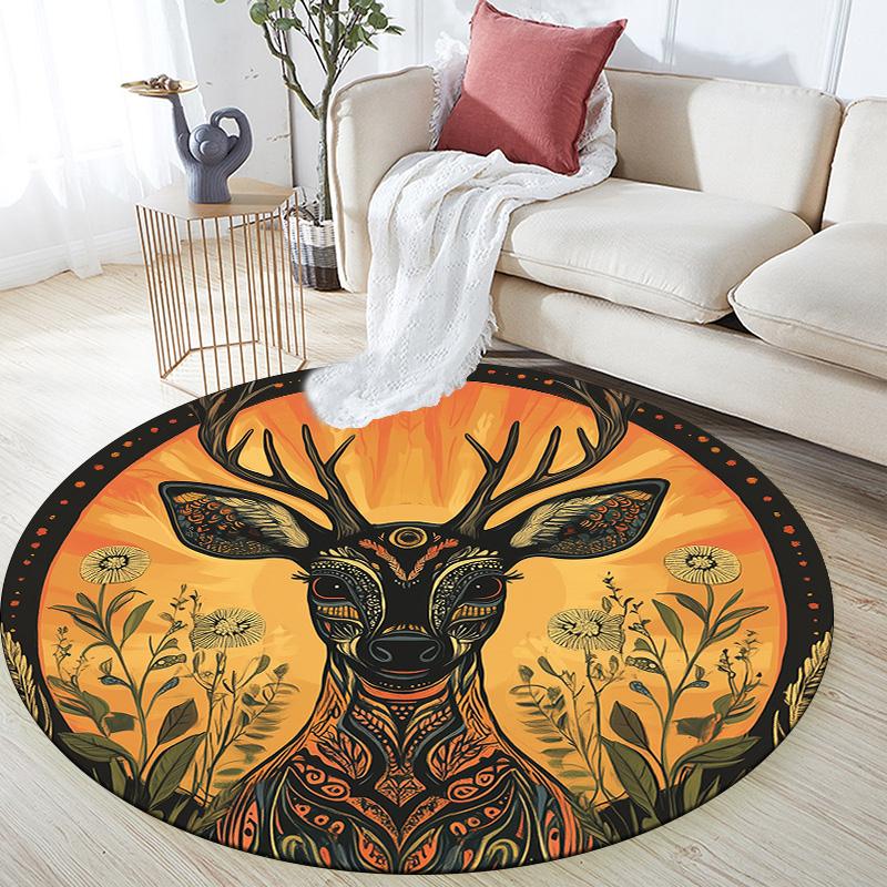 Vintage Sunset Deer Head,Round Area Rug,Carpet Rug for Living Room Bedroom Sofa Playroom Decor,Non-slip Floor Mat