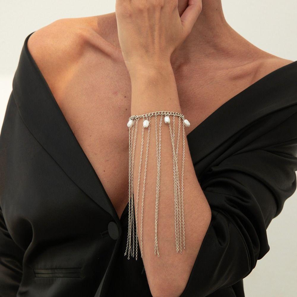 Silver Long Tassel Hand Chain Adjustable Link Chain Bracelets Imitation Pearl Bracelet Unisex