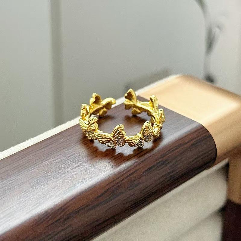 Medieval Vintage Flower Butterfly Brushed Opening Ring Light Luxury Niche Exquisite Zircon High-End Ring Woman