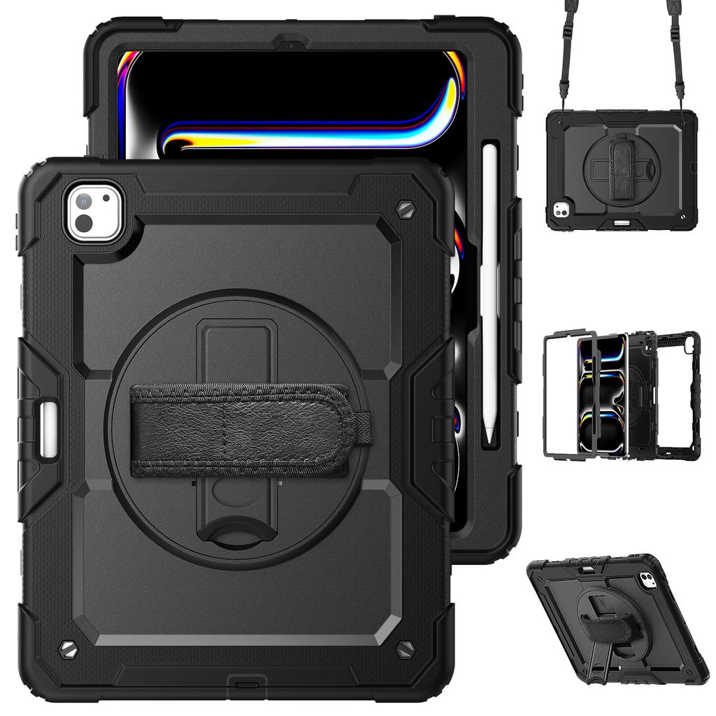 For iPad Pro 13 (2024) Kickstand Case PC+Silicone Tablet Cover with Screen Film/Shoulder Strap