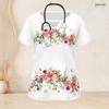 Women Plus Size White Floral Printed Scrub Top Keyhole Neck Short Sleeve With Front Pockets