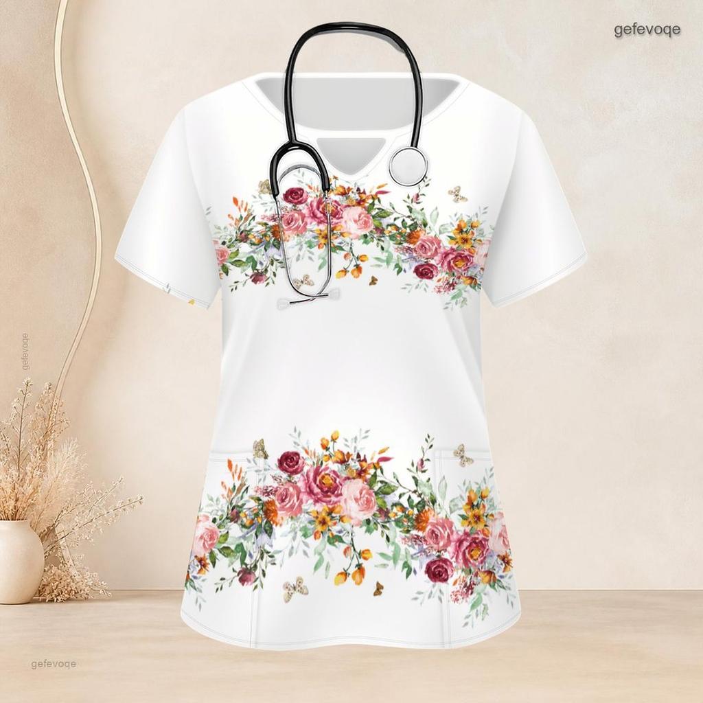 Women Plus Size White Floral Printed Scrub Top Keyhole Neck Short Sleeve With Front Pockets