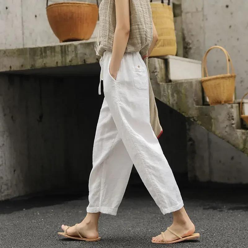 Women's Summer Linen  Loose Pocket Elastic Waist Wide Leg Retro Literary Casual Ninth Pants Suit Pants