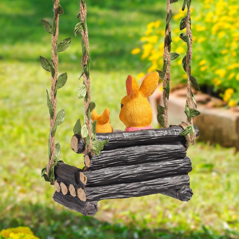 Cute Rabbit Statue - Swinging Rabbit Sculpture Resin Animal Figurine - Garden Decor Ornament for Lawn and Yard