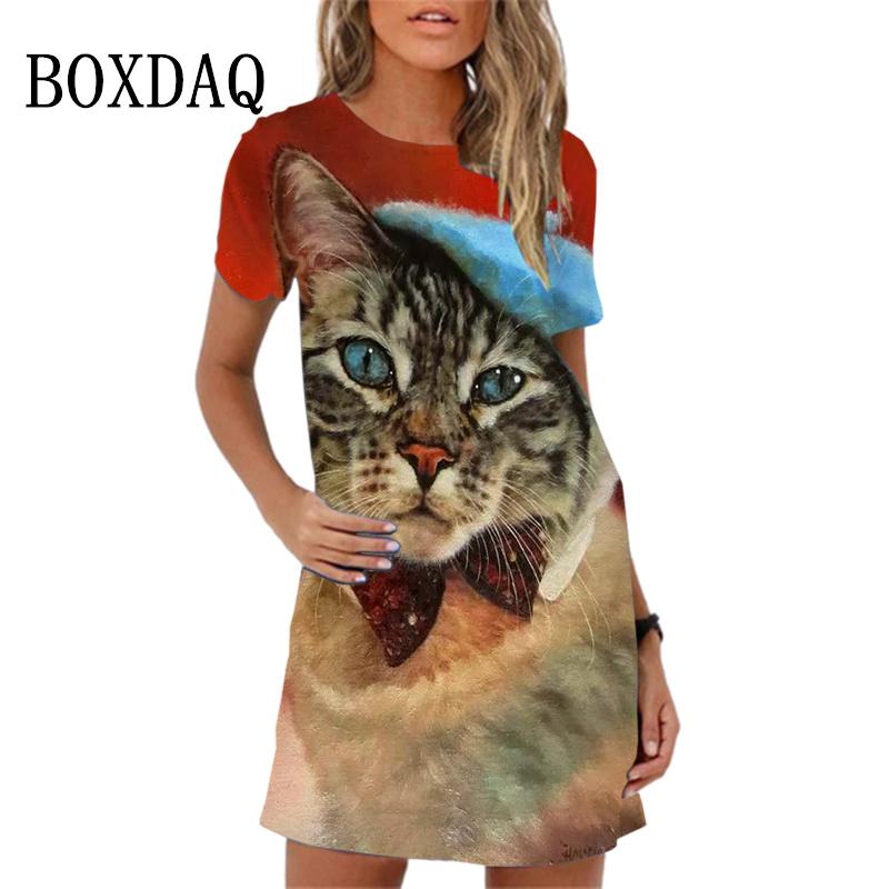 2026 Summer Women's Dress Funny Cat Print O-Neck Short Sleeve Loose Mini Dresses Casual Female Sweet A-Line Sundress Vestidos