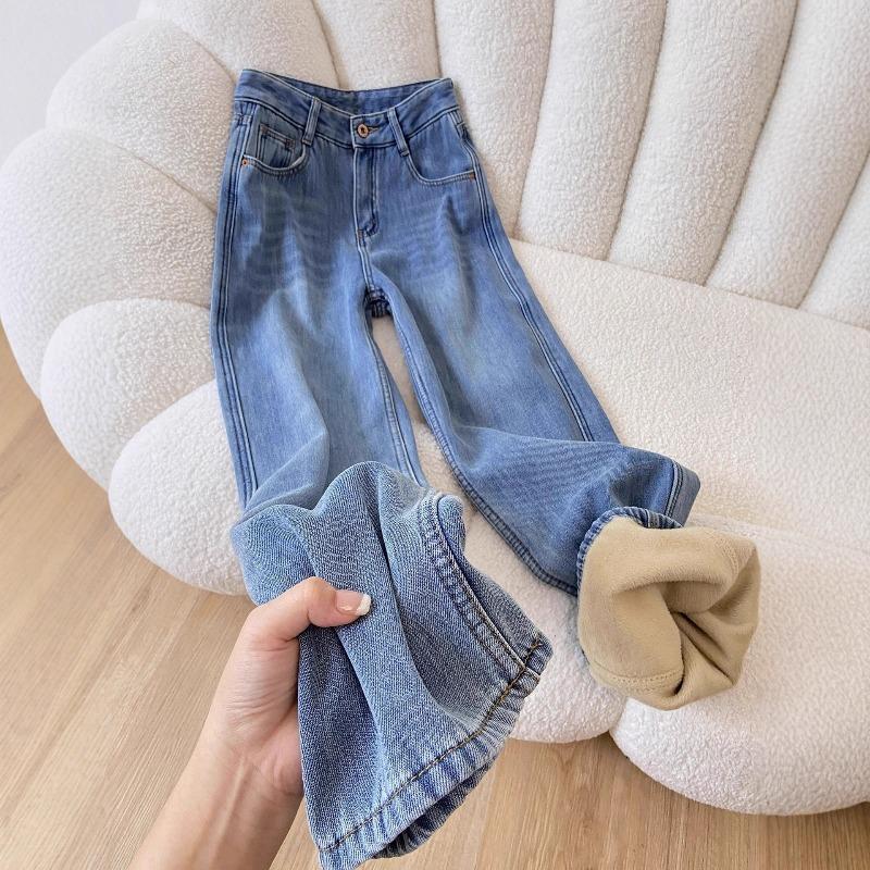 Retro Blue Velvet Thickened Loose Straight Jeans Women's Autumn and Winter New High-waisted Versatile Narrow Wide-leg Pants