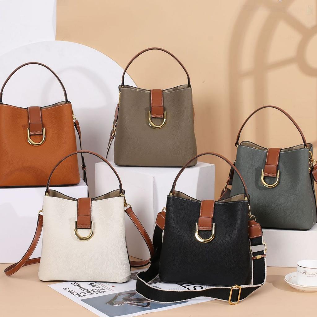 Cowhide Women's Bag Single Shoulder Crossbody Women's Bag Cute Fashion Bucket Bag Multi Shoulder Strap