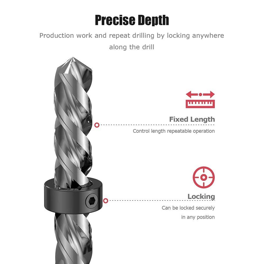 Collar Drill Bit Depth Stop Set Adjustable Positioner Limit Ring Allen Wrench Tighten The Stopper Setscrews Woodworking Tool