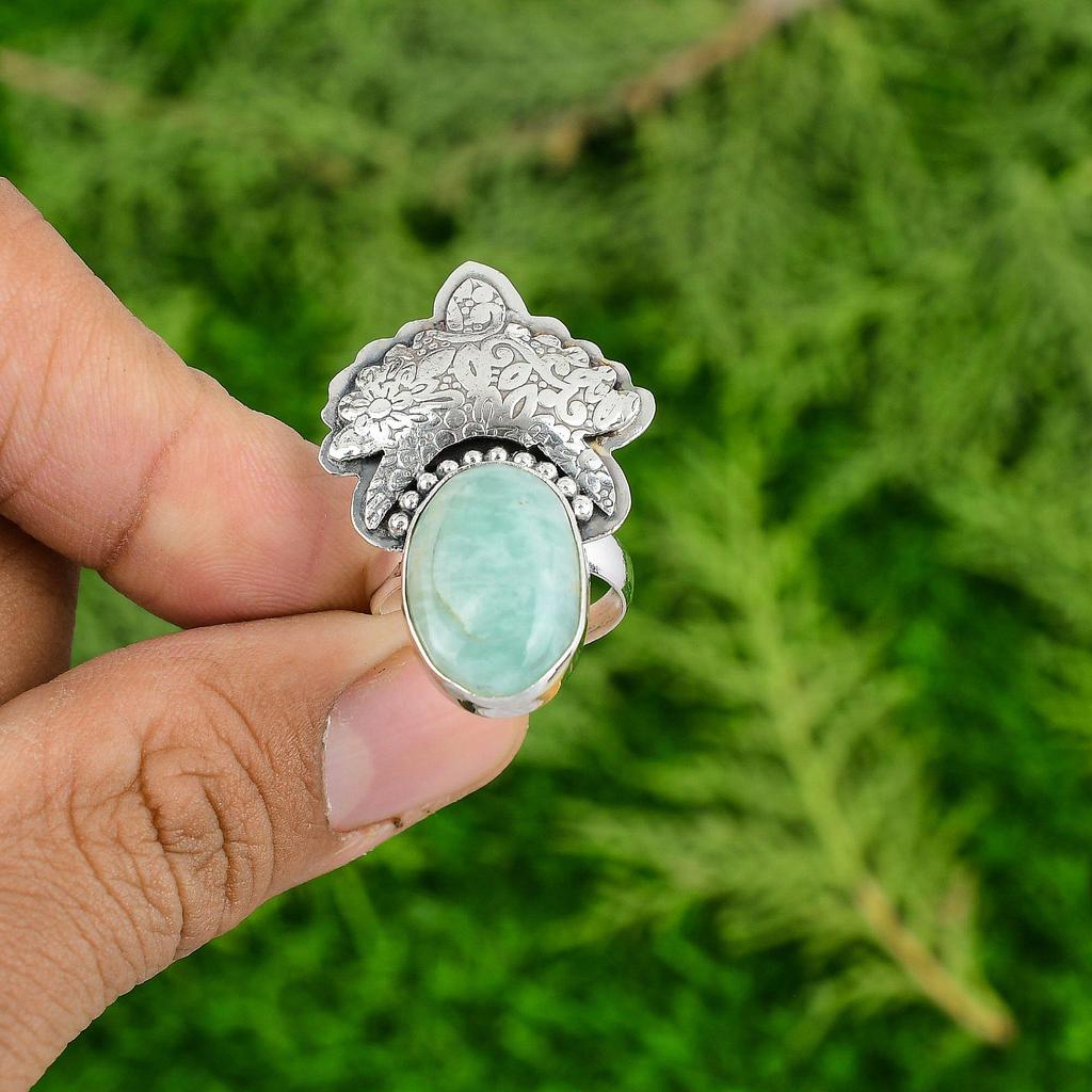 Mothers Day Sale Amazonite Gemstone 925 Sterling Silver Solitaire Ring Jewelry