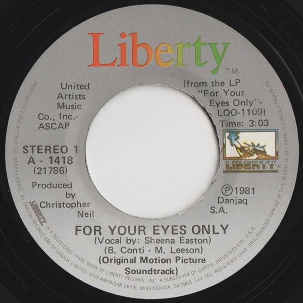 

7inch Record SHEENA EASTON - For Your Eyes Only A1418 Liberty 1981 Canada Pop Used
