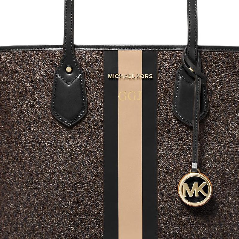 Michael Kors Eva Monogram Logo Stripe Color Block Canvas Tote Bag Women Tote Dark-Brown 30T9GV0T7B-BLACK-CAMEL