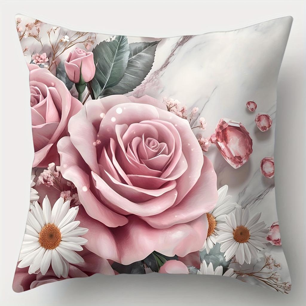 4Pcs Pink Rose Daisy Cushion Cover Floral Marble Crystal Printed Pillow Case Polyester Home Decor Sofa Living Room 2D Flat