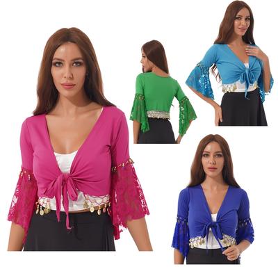 Floral Bolero Shrugs Beach Cover Up Women Belly Dance Costume Tassel Lace-Up Shawl Tops