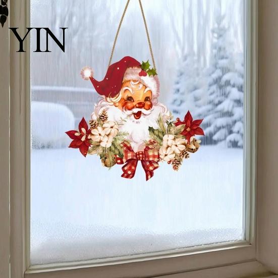 Reusable Christmas Wood Ornament Wooden Santa Claus Hanging Pendant for Christmas, Rustic Floral Wall Sign, Holiday Decor Tree with Hemp Rope