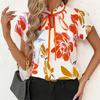 Fashionable Versatile Style Pleated Round-neck Strap-print Short-sleeved Women's Top