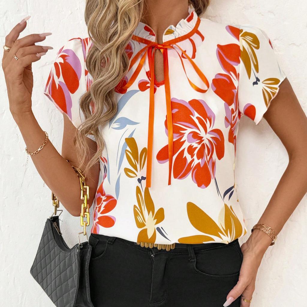 Fashionable Versatile Style Pleated Round-neck Strap-print Short-sleeved Women's Top