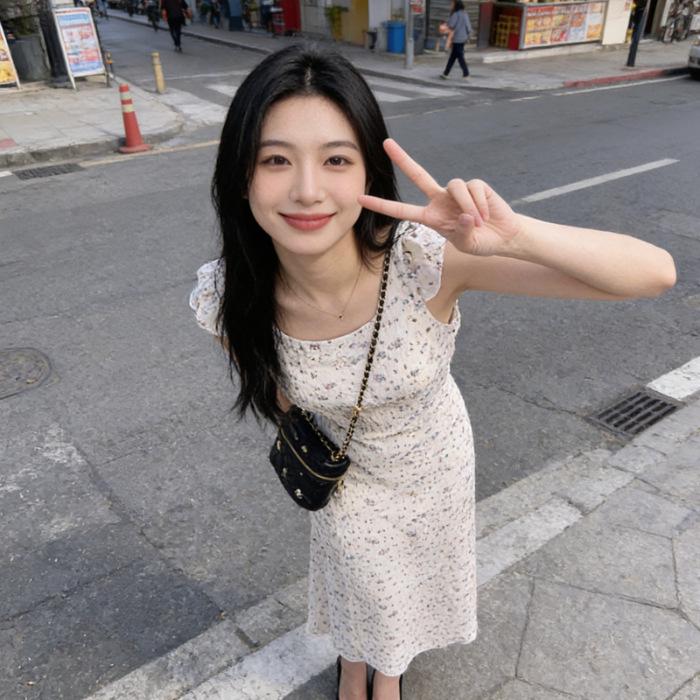 2026 Women s Slimming Waist-Cinched Retro Floral Puff Sleeve Long Dress S