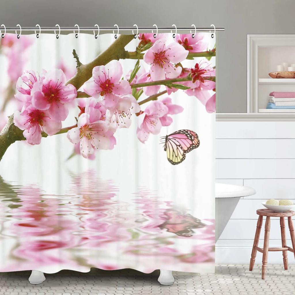 Charming Oriental Blossom Shower Curtain Set - Vibrant Cherry Blossom Designs for Elegant Bathroom Décor, Waterproof & Easy Care