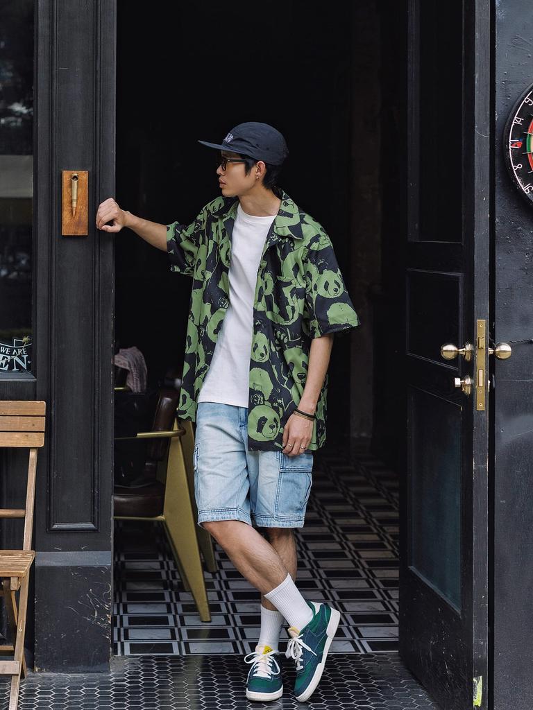 [CHANGE WELL] Men's 2023SS Fashion Summer Clothing [Panda Print] Open Collar All-Over Print Casual Loose Short Sleeve Aloha Shirt (Green, L)