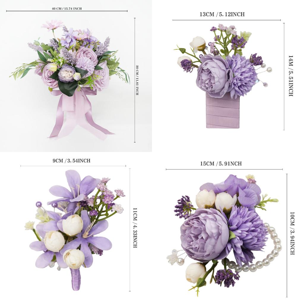 8PCS Purple Artificial Wedding Flowers Set Bridal Bouquet Boutonnieres Corsage for Wedding Ceremony Anniversary Prom Decor